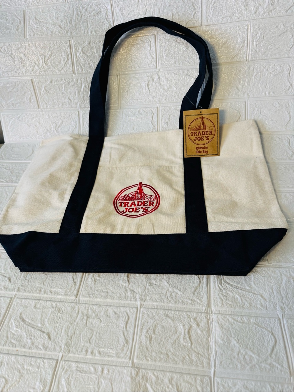 Trader Joe's Cream and Black Canvas Tote Bag with Logo